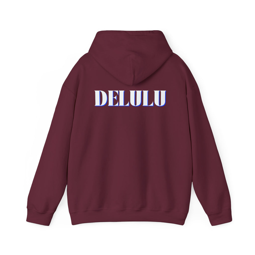 STATEMENT HOODIE DELULU - DARK CHOCOLATE & WHITE/BLUE