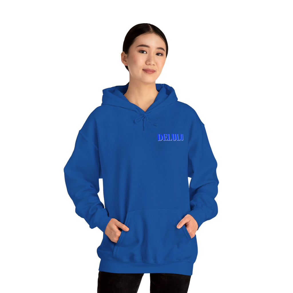 STATEMENT HOODIE DELULU - DARK CHOCOLATE & BLUE/WHITE