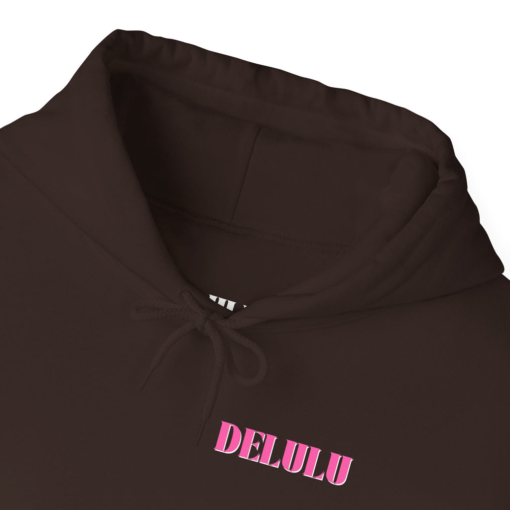 STATEMENT HOODIE DELULU - DARK CHOCOLATE & PINK/WHITE