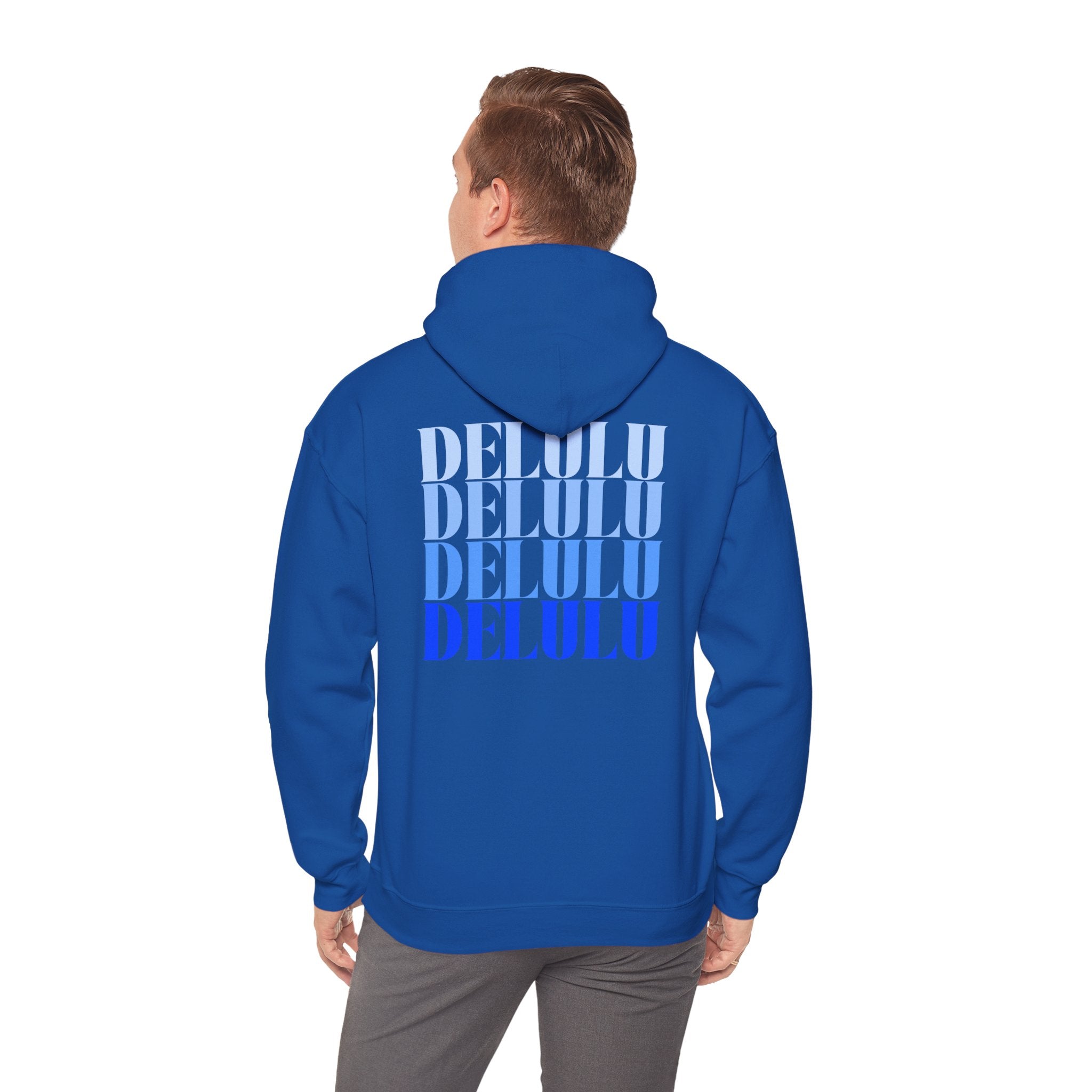 STATEMENT HOODIE DELULU DELULU DELULU - DARK CHOCOLATE & BLUE