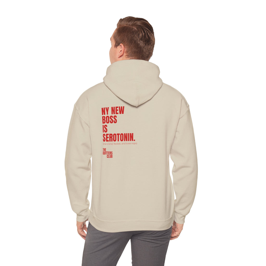 QUITTERS CLUB HOODIE - MY NEW BOSS BEIGE/RED