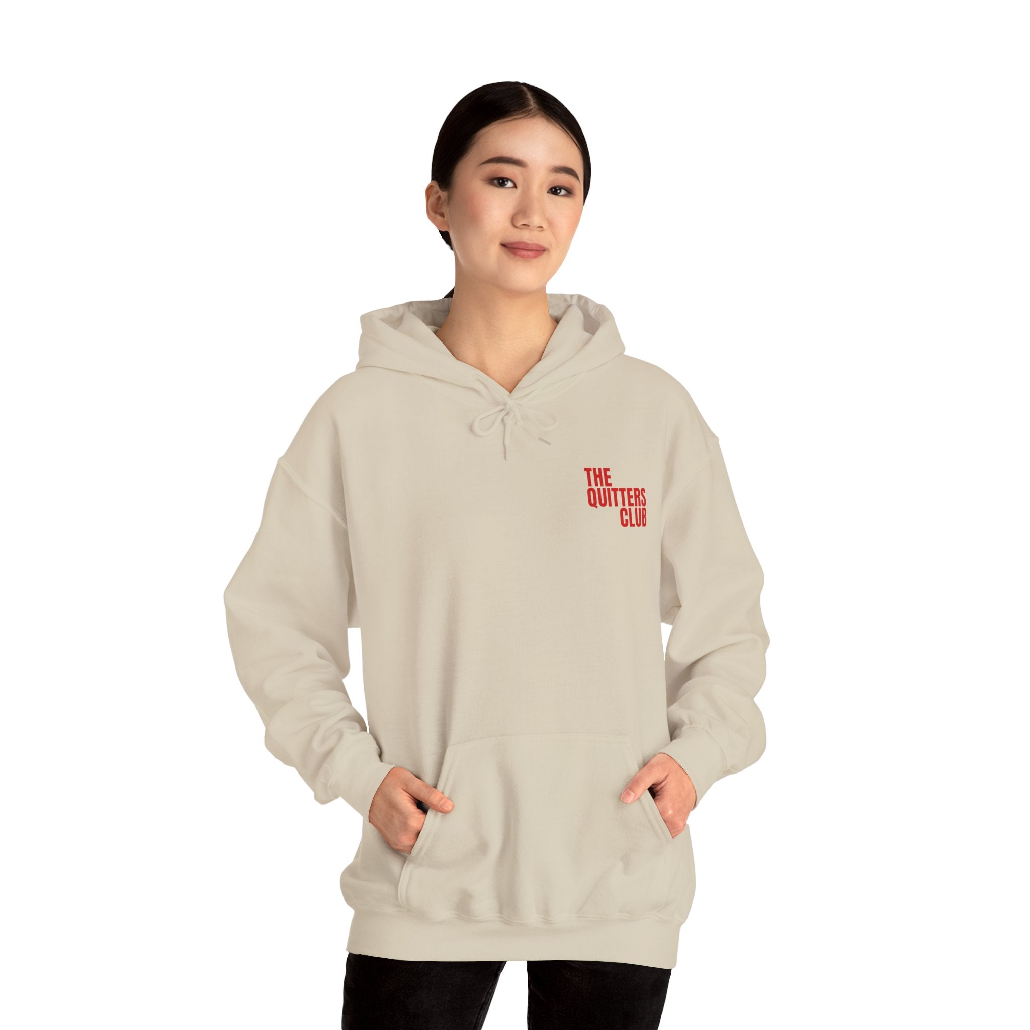 QUITTERS CLUB HOODIE - MY NEW BOSS BEIGE/RED