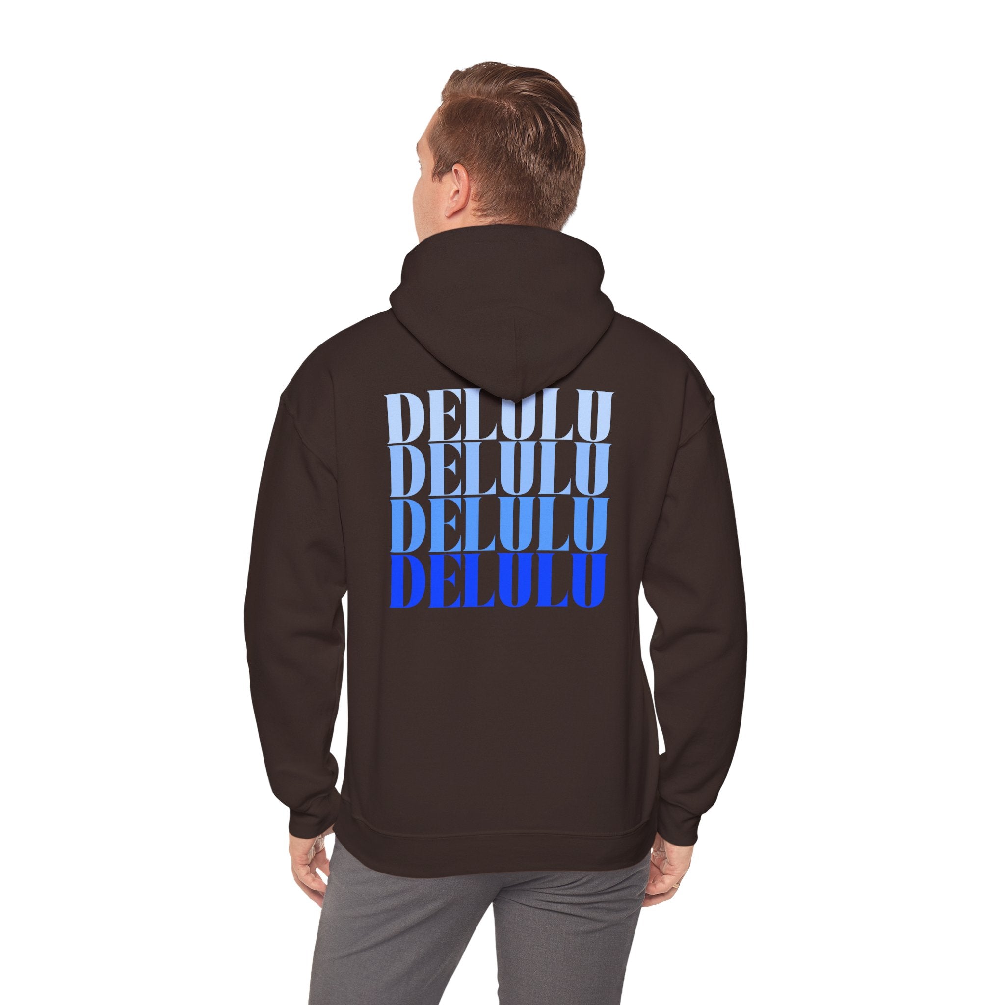 STATEMENT HOODIE DELULU DELULU DELULU - DARK CHOCOLATE & BLUE