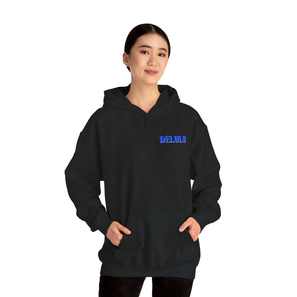 STATEMENT HOODIE DELULU DELULU DELULU - DARK CHOCOLATE & BLUE