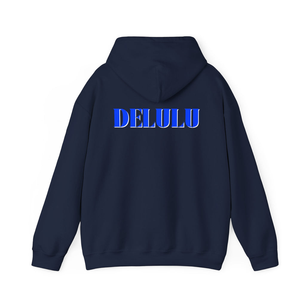 STATEMENT HOODIE DELULU - DARK CHOCOLATE & BLUE/WHITE