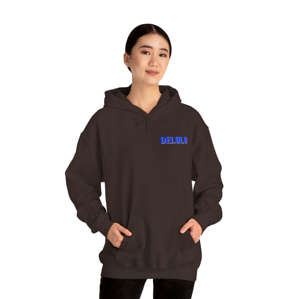 STATEMENT HOODIE DELULU - DARK CHOCOLATE & BLUE/WHITE