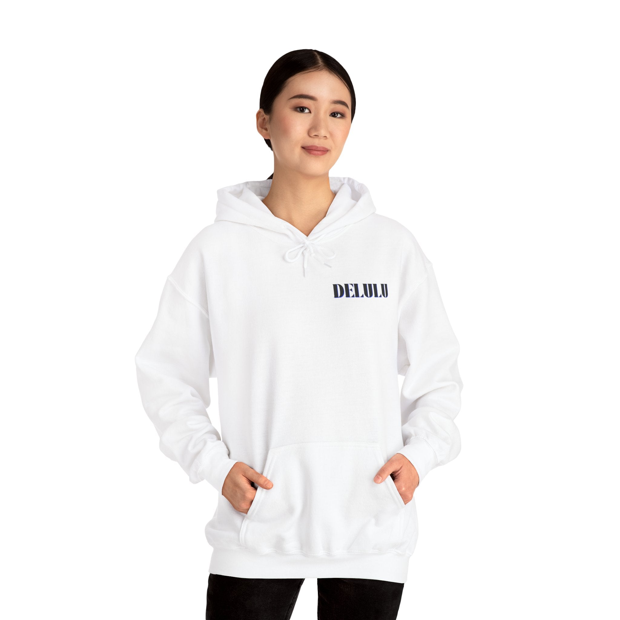 STATEMENT HOODIE DELULU - WHITE & BLACK/BLUE
