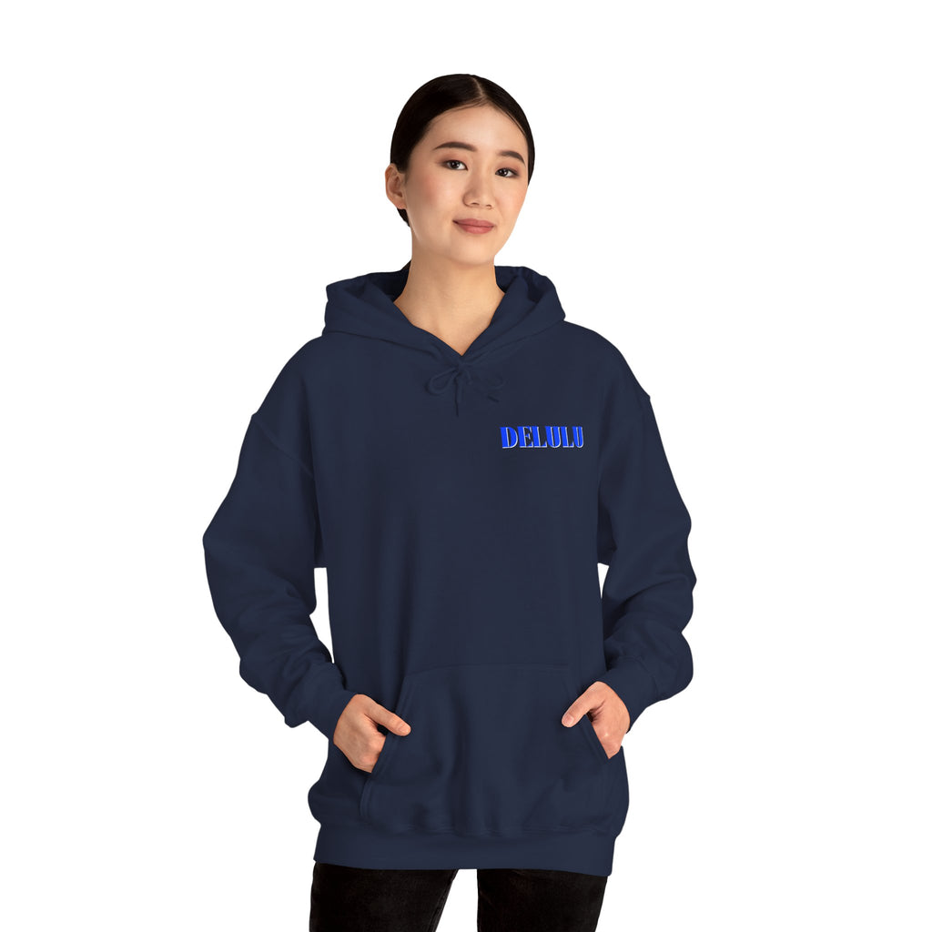 STATEMENT HOODIE DELULU - DARK CHOCOLATE & BLUE/WHITE