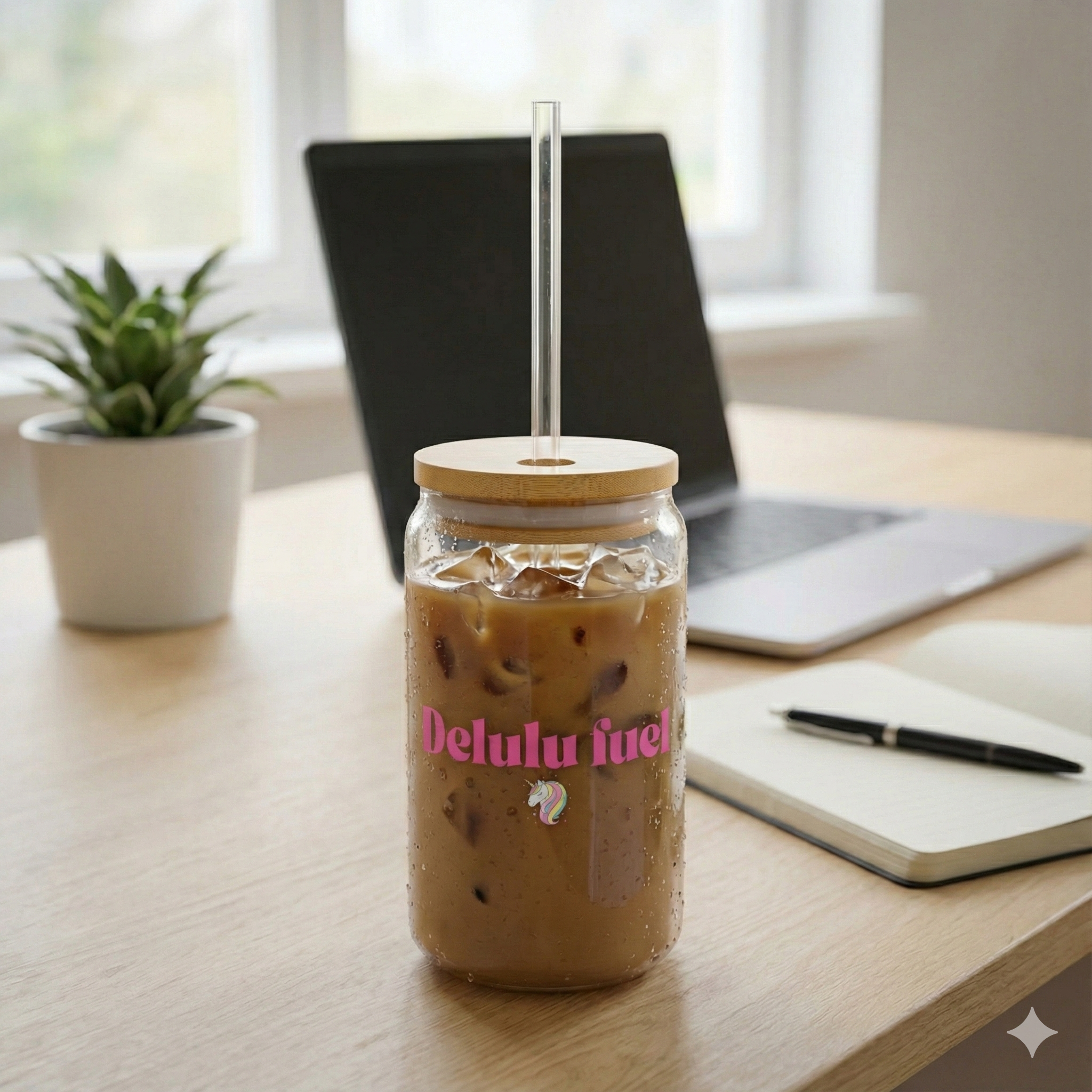 MATCHA/ICE COFFEE GLASS 16oz WITH STRAW - DELULU FUEL