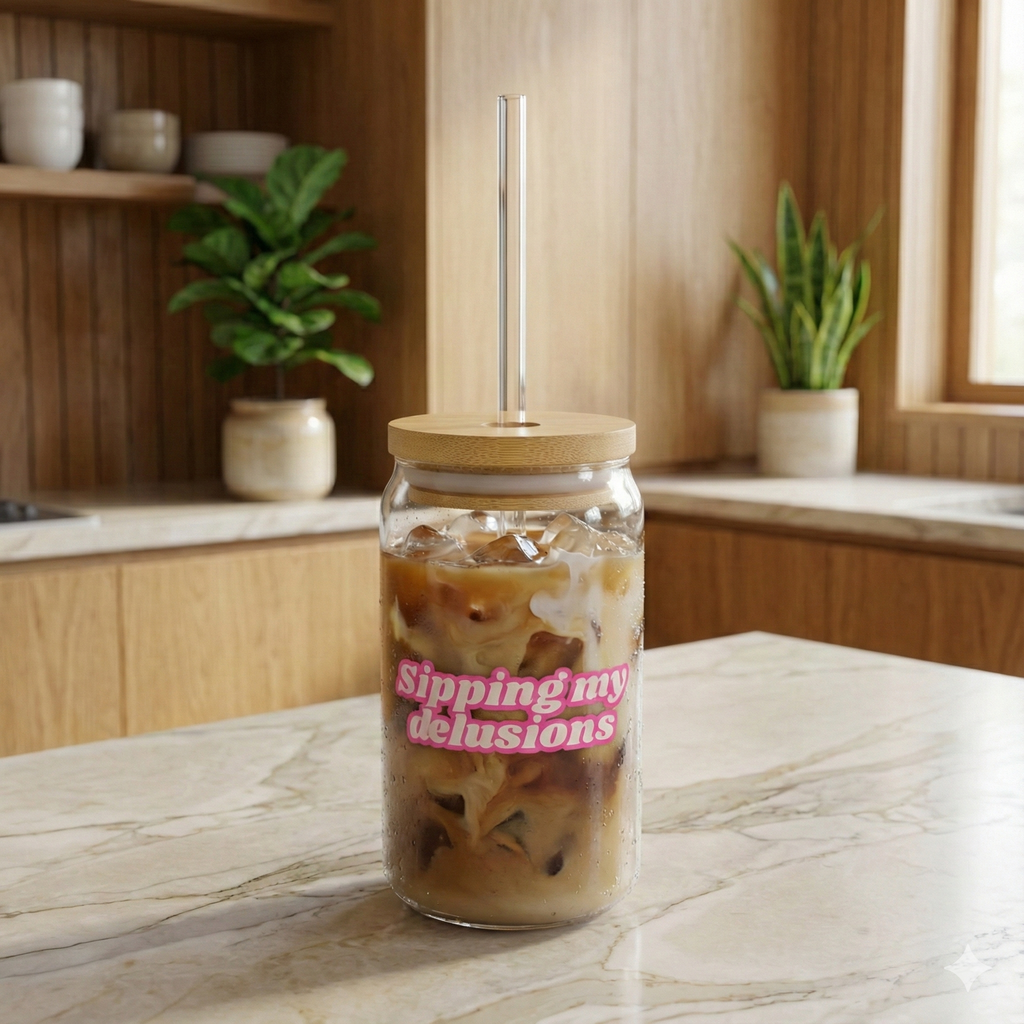 MATCHA/ICE COFFEE GLASS 16oz WITH STRAW - SIPPING MY DELUSIONS