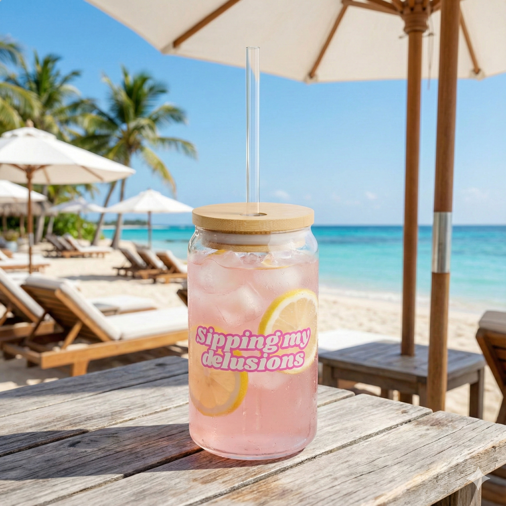 MATCHA/ICE COFFEE GLASS 16oz WITH STRAW - SIPPING MY DELUSIONS