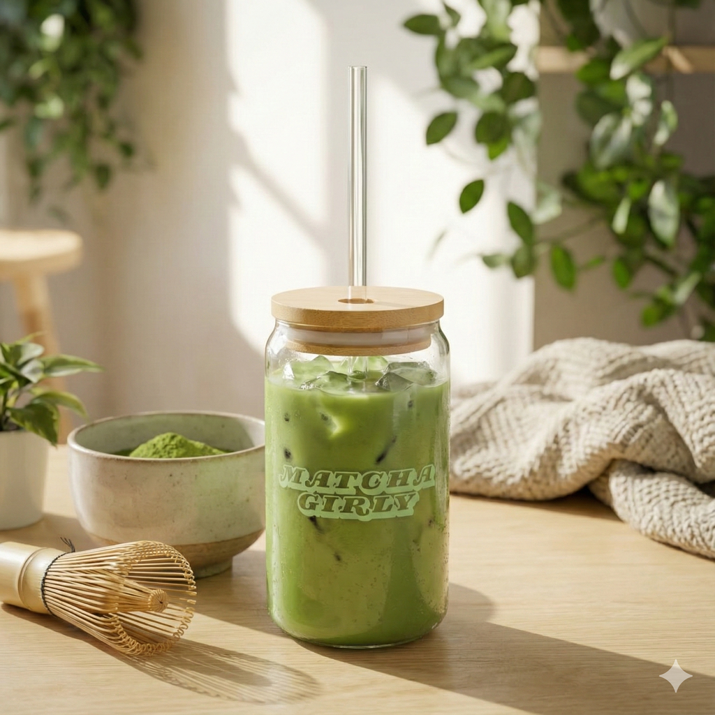 MATCHA GLASS 16oz WITH STRAW - MATCHA GIRLY