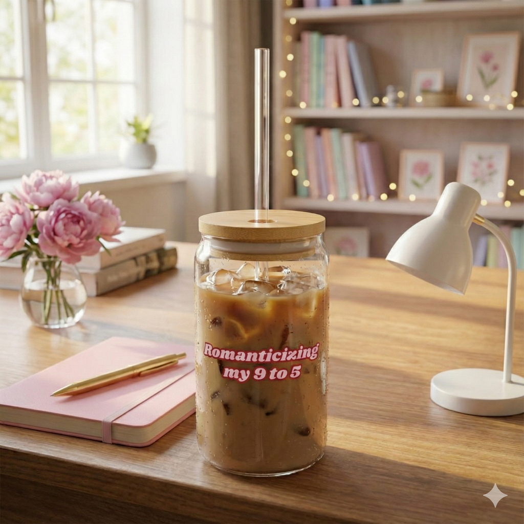 MATCHA/ICE COFFEE GLASS 16oz WITH STRAW - ROMANTICIZING MY 9 TO 5