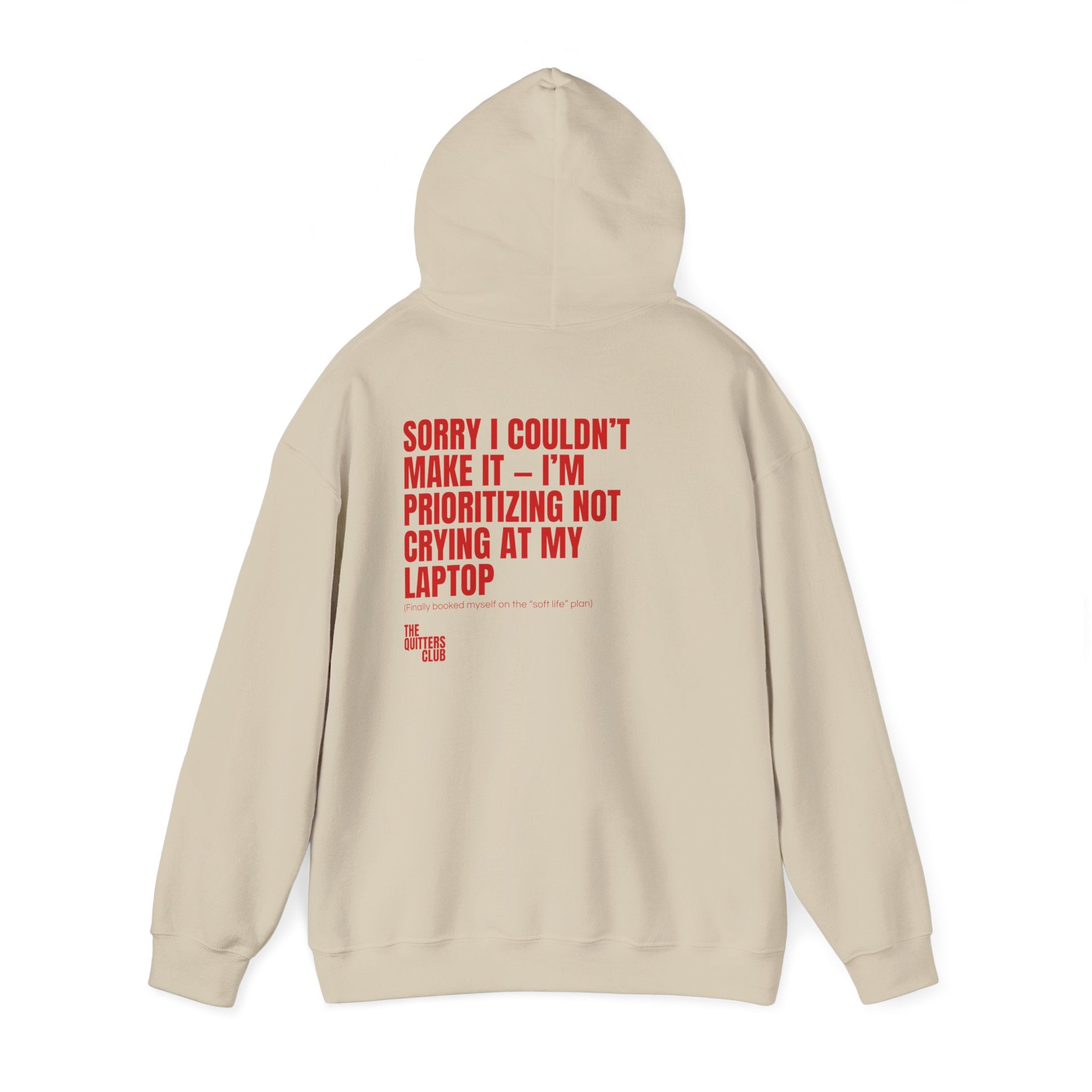 QUITTERS CLUB HOODIE - CRYING AT MY LAPTOP BEIGE/RED