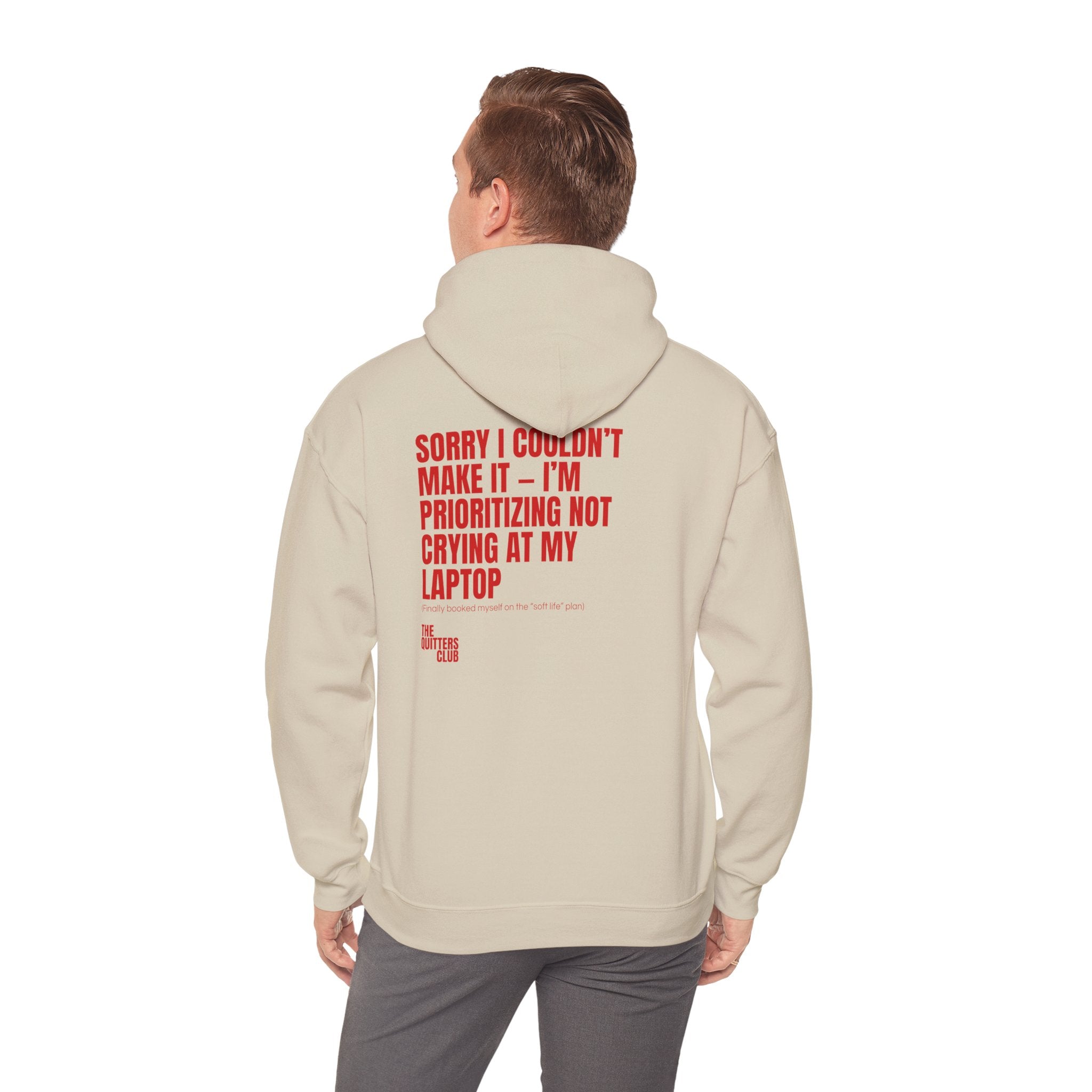 QUITTERS CLUB HOODIE - CRYING AT MY LAPTOP BEIGE/RED
