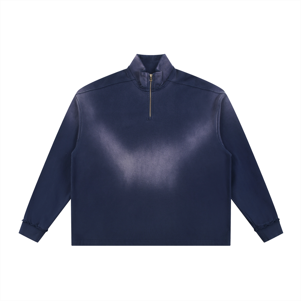 BASIC SUN FADE RAW EDGE QUARTER-ZIP SWEATSHIRT NAVY