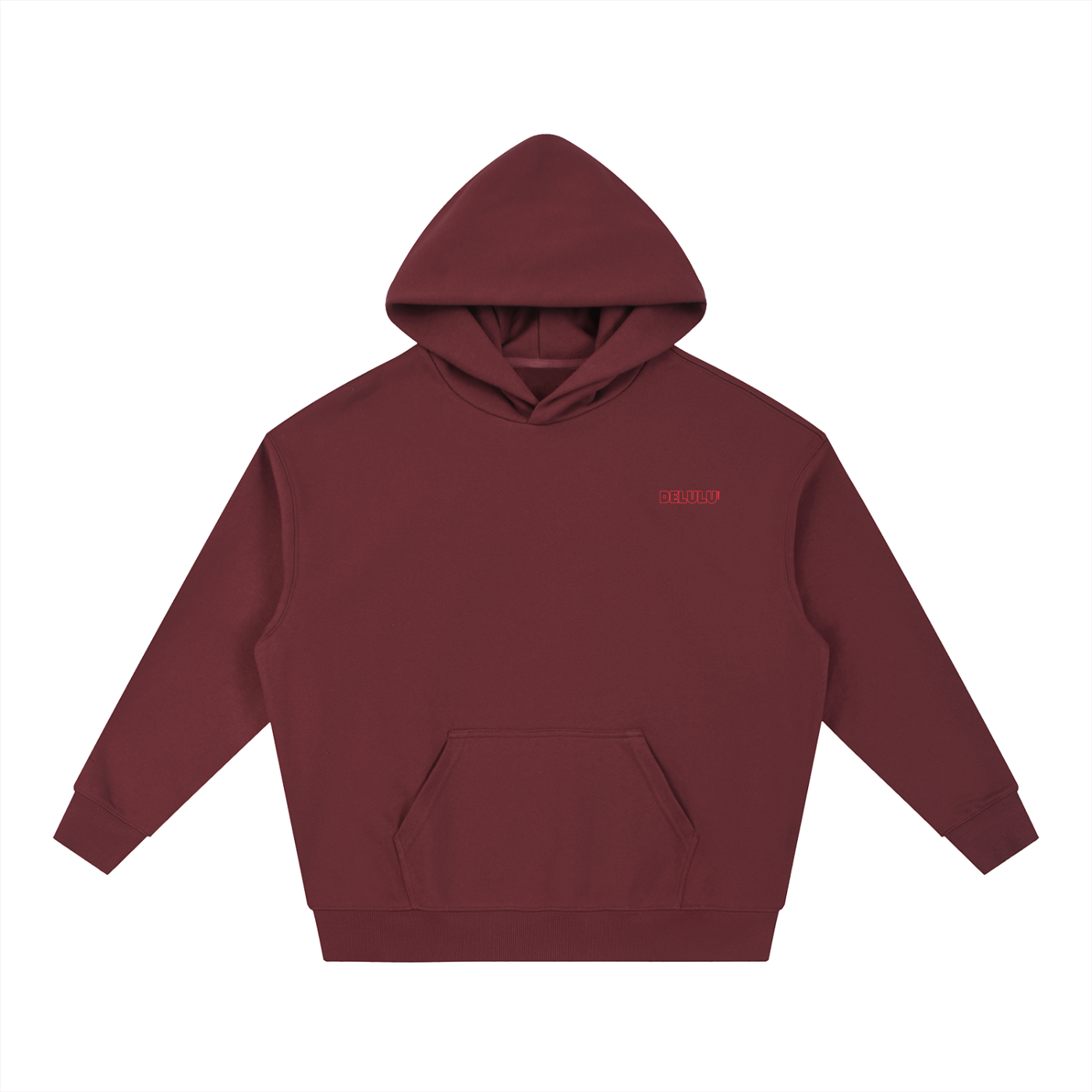 Maroon hoodie with a small red logo on a white background