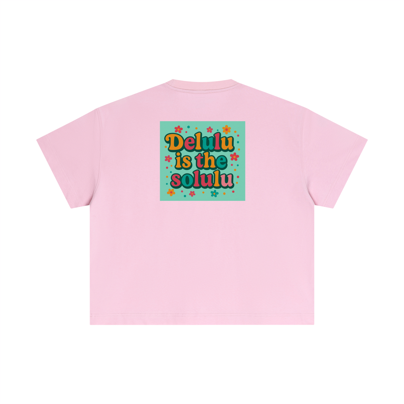 Pink t-shirt with colorful text design on a white background back print