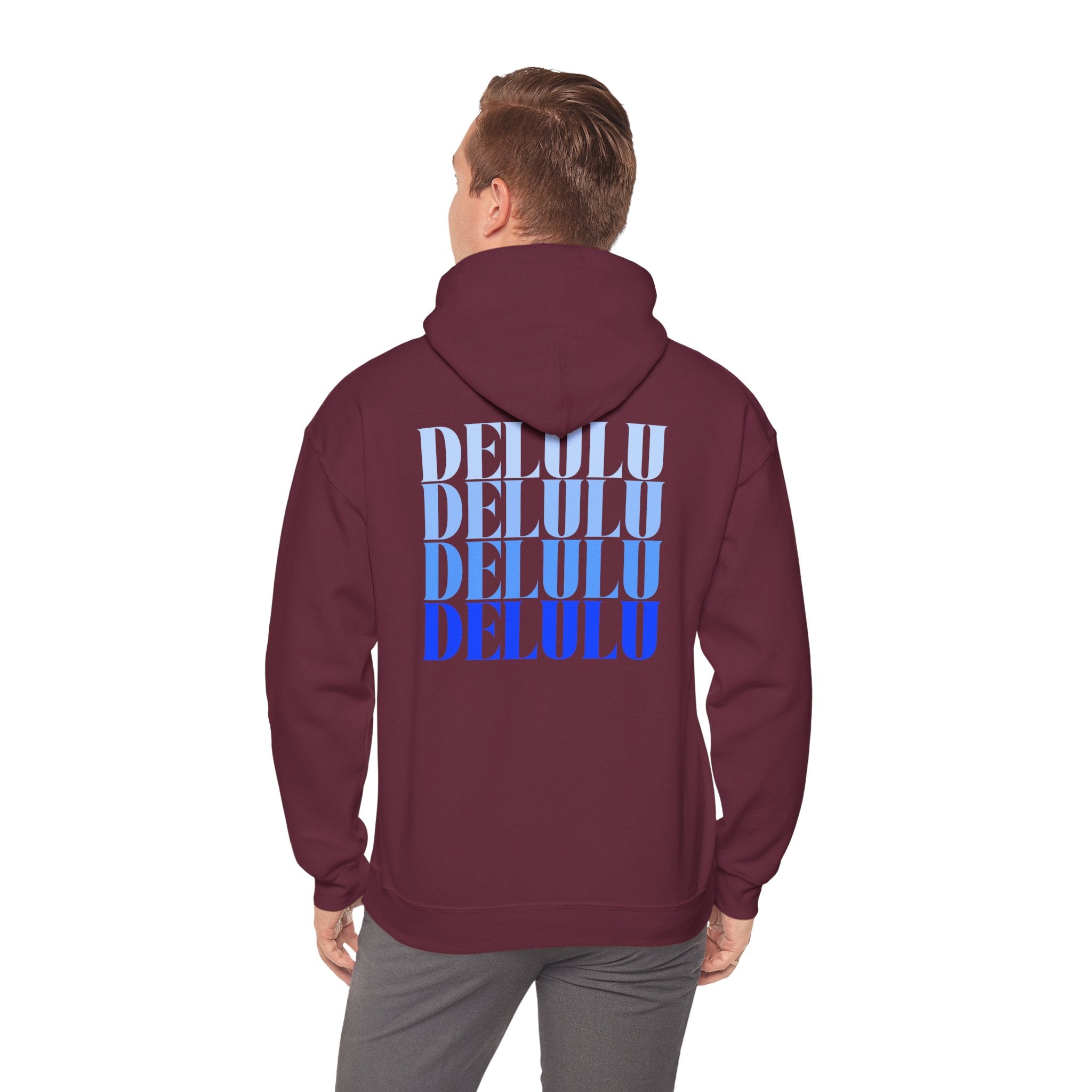 STATEMENT HOODIE DELULU DELULU DELULU - DARK CHOCOLATE & BLUE