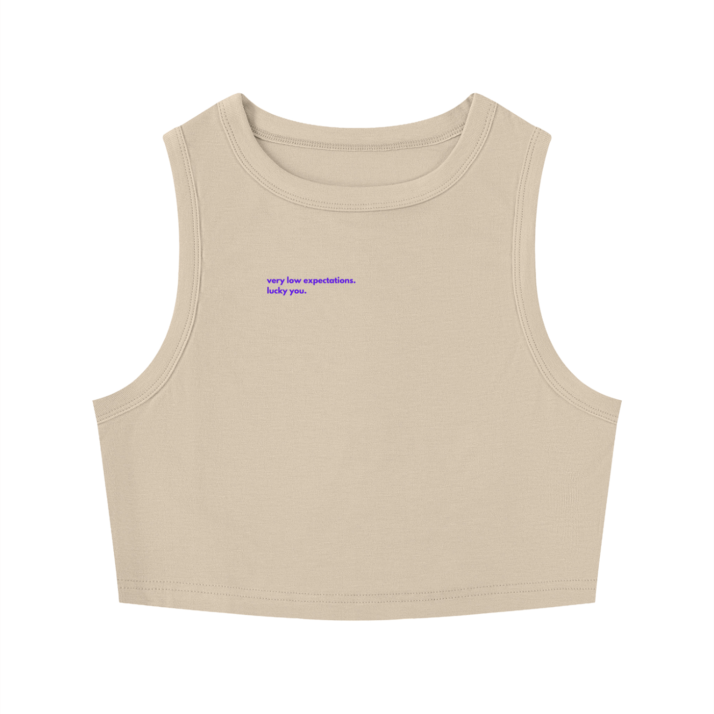 MAIN CHARACTER TIGHT CREWNECK CROP TANK TOP -  VERY LOW EXPECTATIONS. LUCKY YOU.