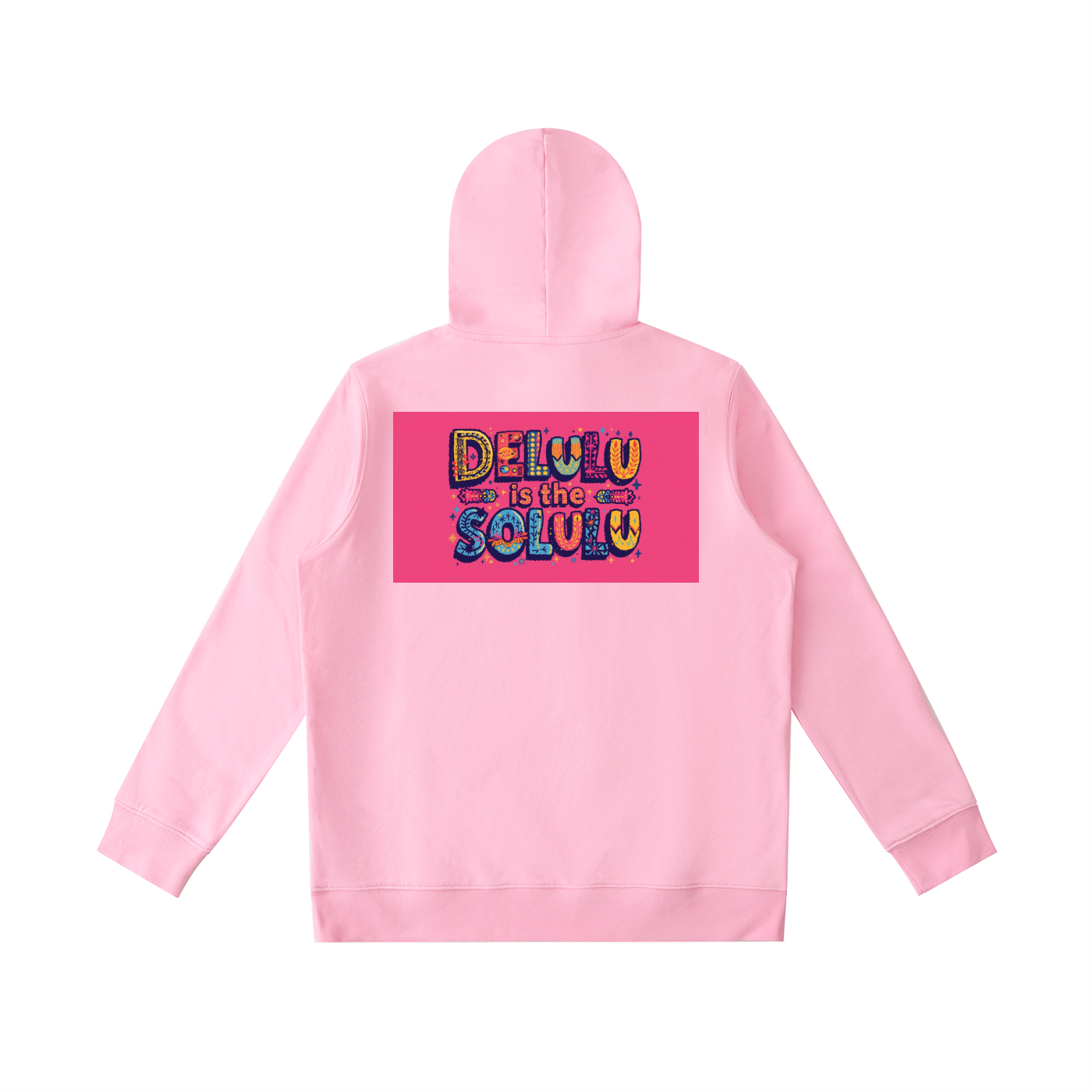 Pink hoodie with colorful text design on the back against a white background
