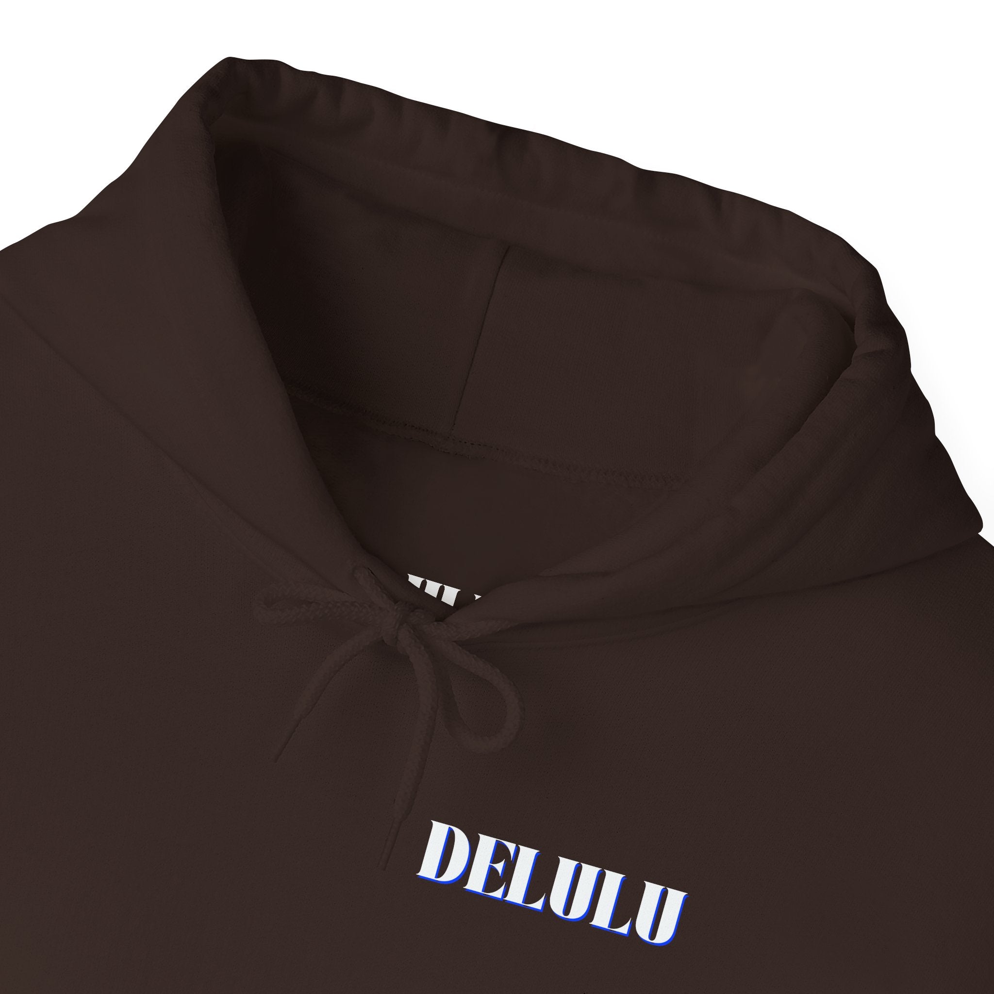 STATEMENT HOODIE DELULU - DARK CHOCOLATE & WHITE/BLUE