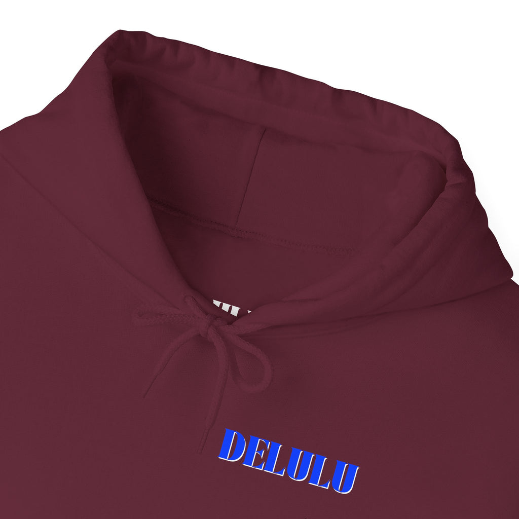 STATEMENT HOODIE DELULU - DARK CHOCOLATE & BLUE/WHITE