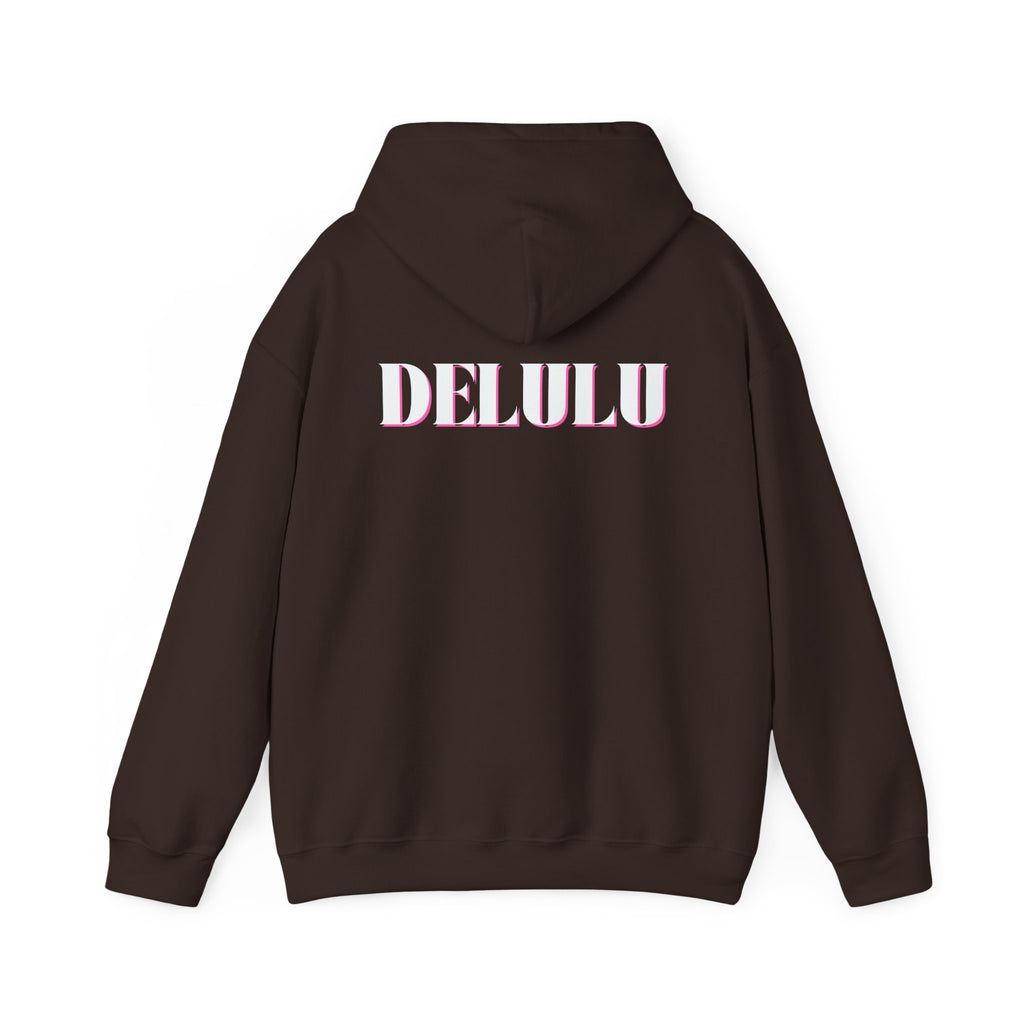 STATEMENT HOODIE DELULU - DARK CHOCLATE & WHITE/PINK