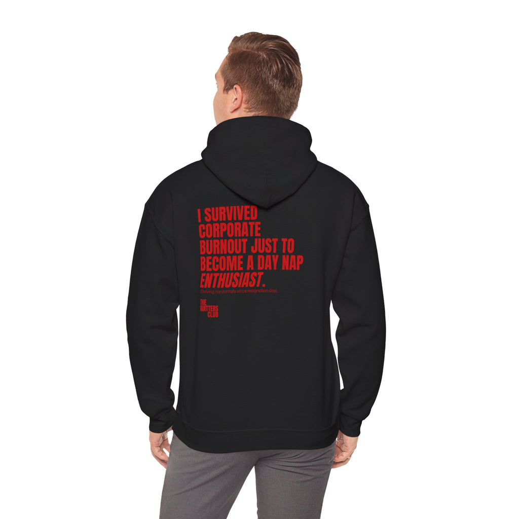 QUITTERS CLUB HOODIE - CORPORATE BURNOUT BLACK/RED
