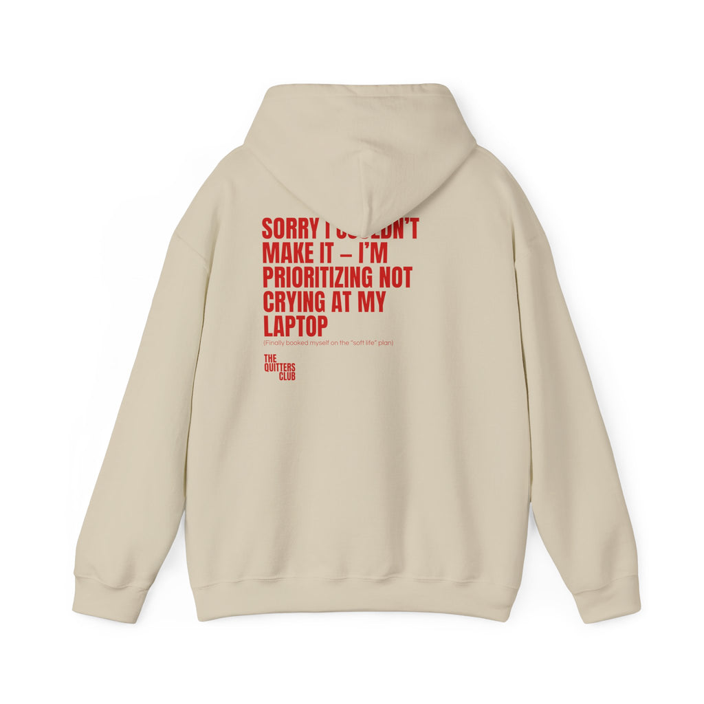 QUITTERS CLUB HOODIE - CRYING AT MY LAPTOP BEIGE/RED