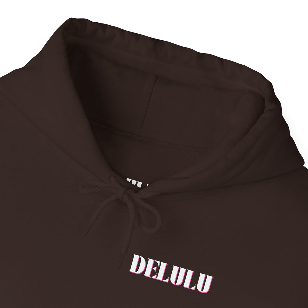 STATEMENT HOODIE DELULU - DARK CHOCLATE & WHITE/PINK
