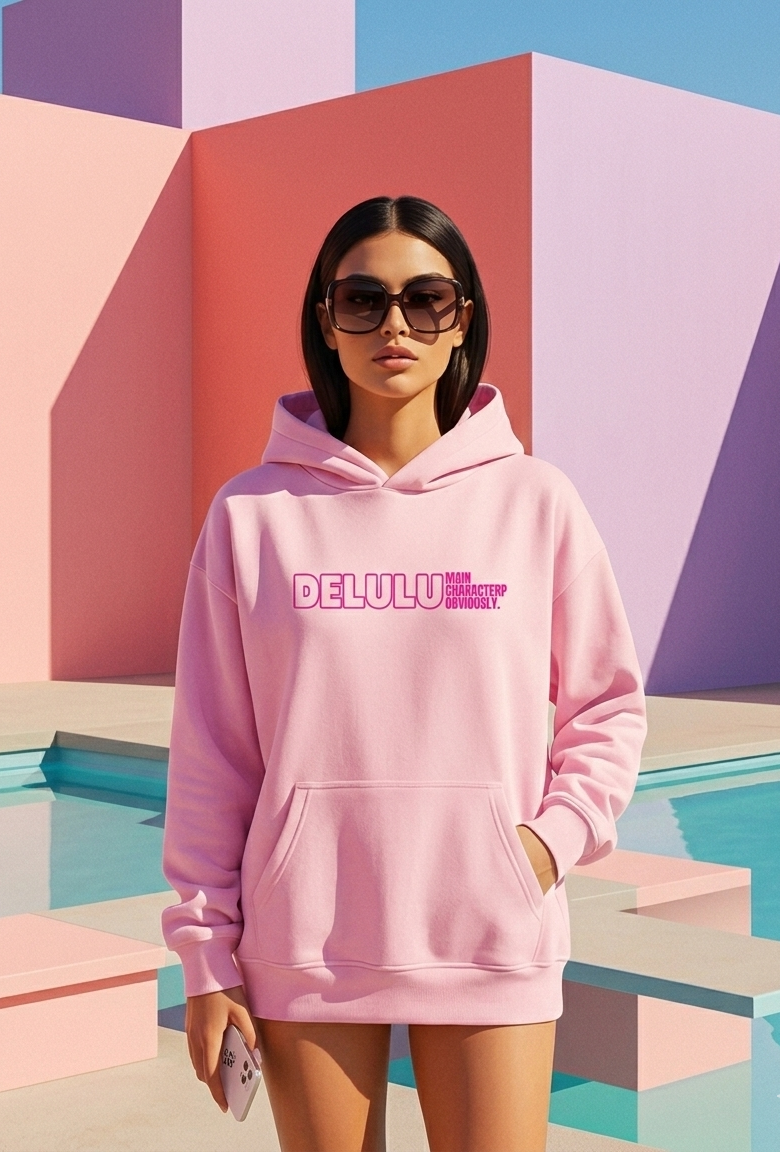 Person wearing a pink hoodie with 'DELULU' branding in a colorful geometric setting.