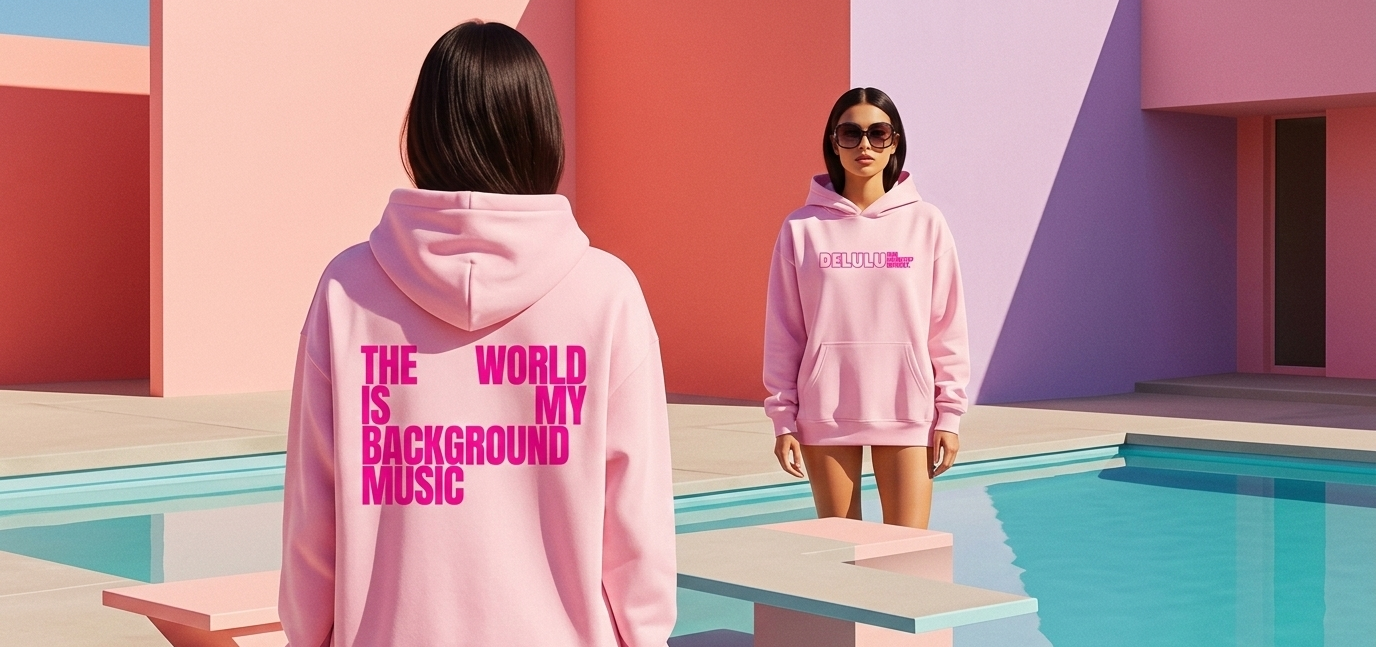 Two people wearing pink hoodies with text in a colorful outdoor setting.