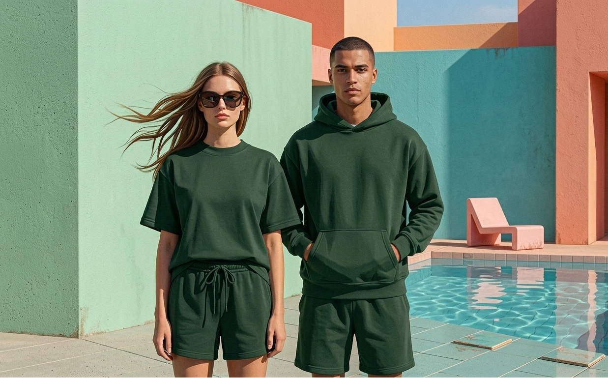 Two people wearing matching green outfits standing by a pool with colorful geometric background