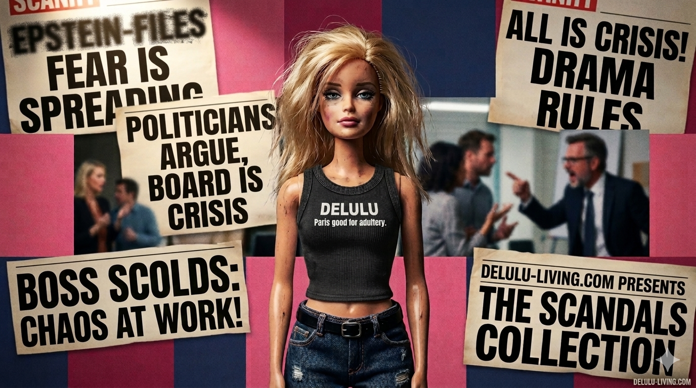 Barbie doll wearing a black tank top with text and newspaper headlines in the background