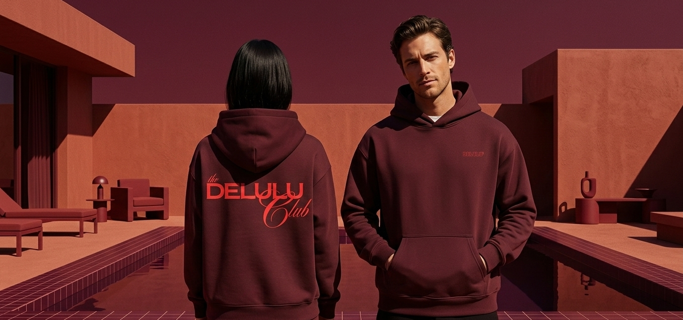 Two people wearing maroon hoodies with 'DELLULU Club' text in a desert-like setting.