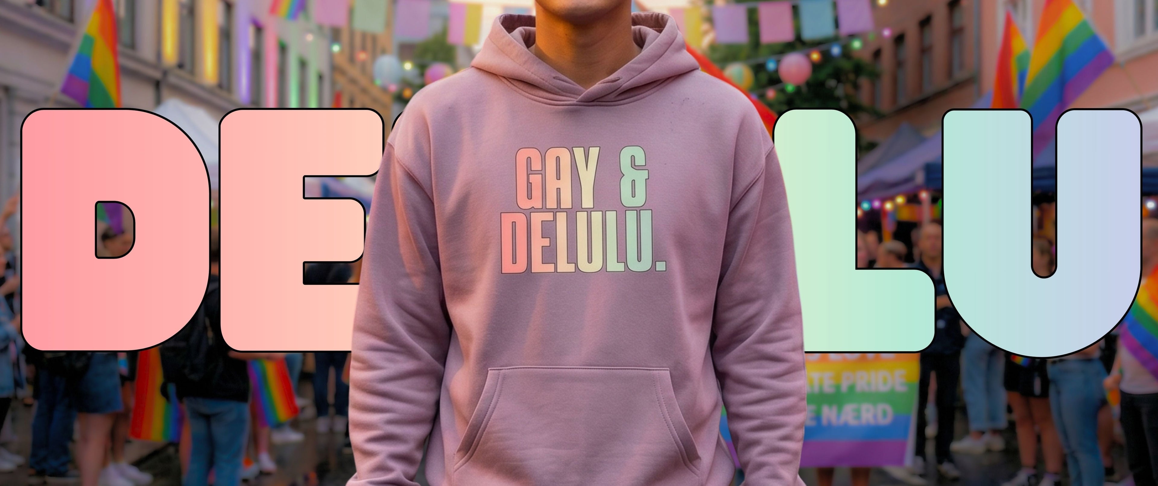 Person wearing a hoodie with 'GAY & DELULU' text at a Pride parade.
