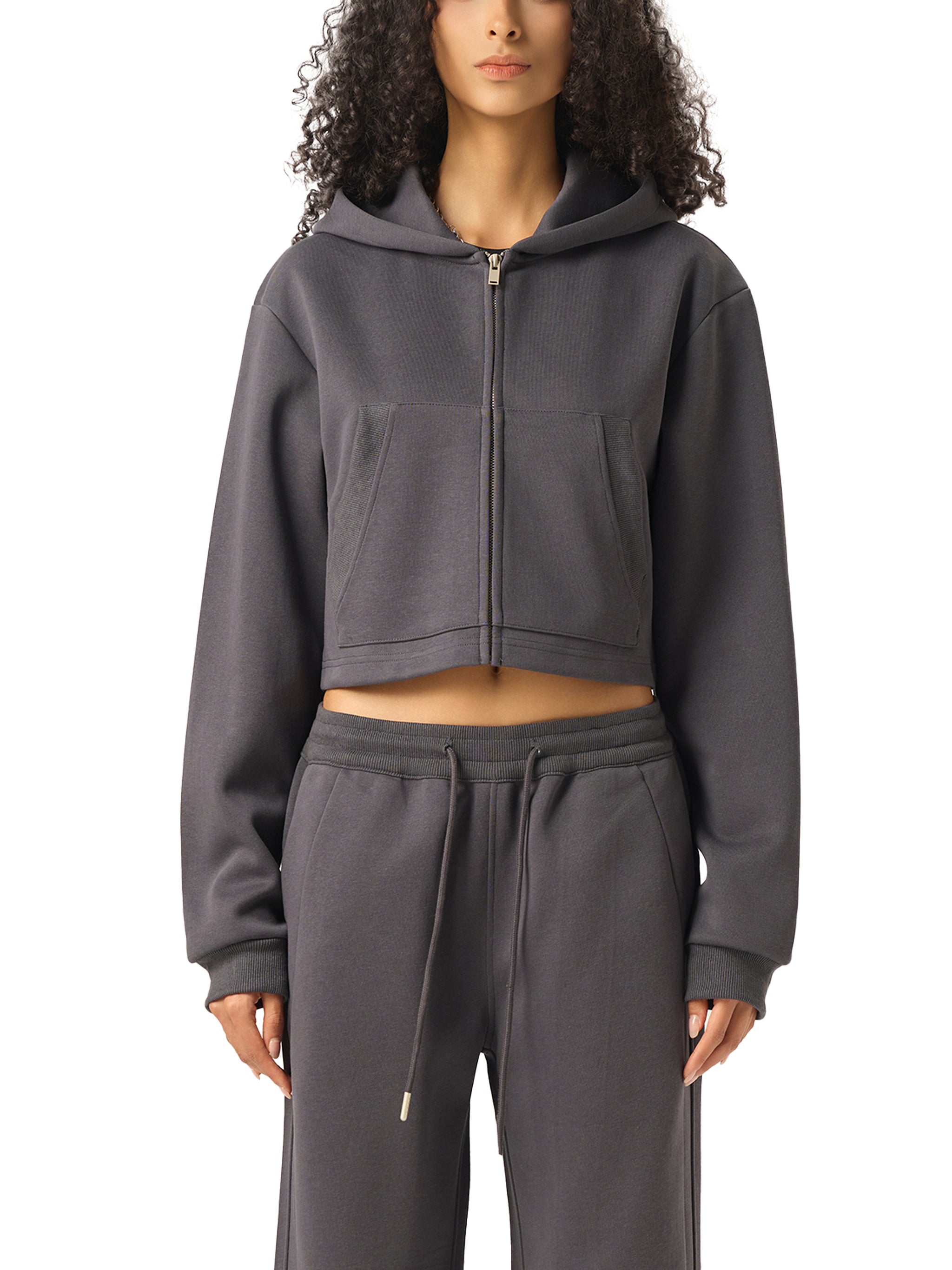WOMAN ESSENTIAL CROPPED ZIP-UP HOODIE - FLOWER GRAY