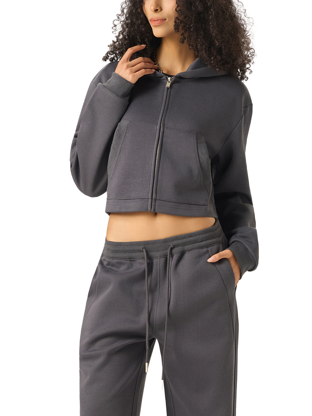 WOMAN ESSENTIAL CROPPED ZIP-UP HOODIE - BLACK