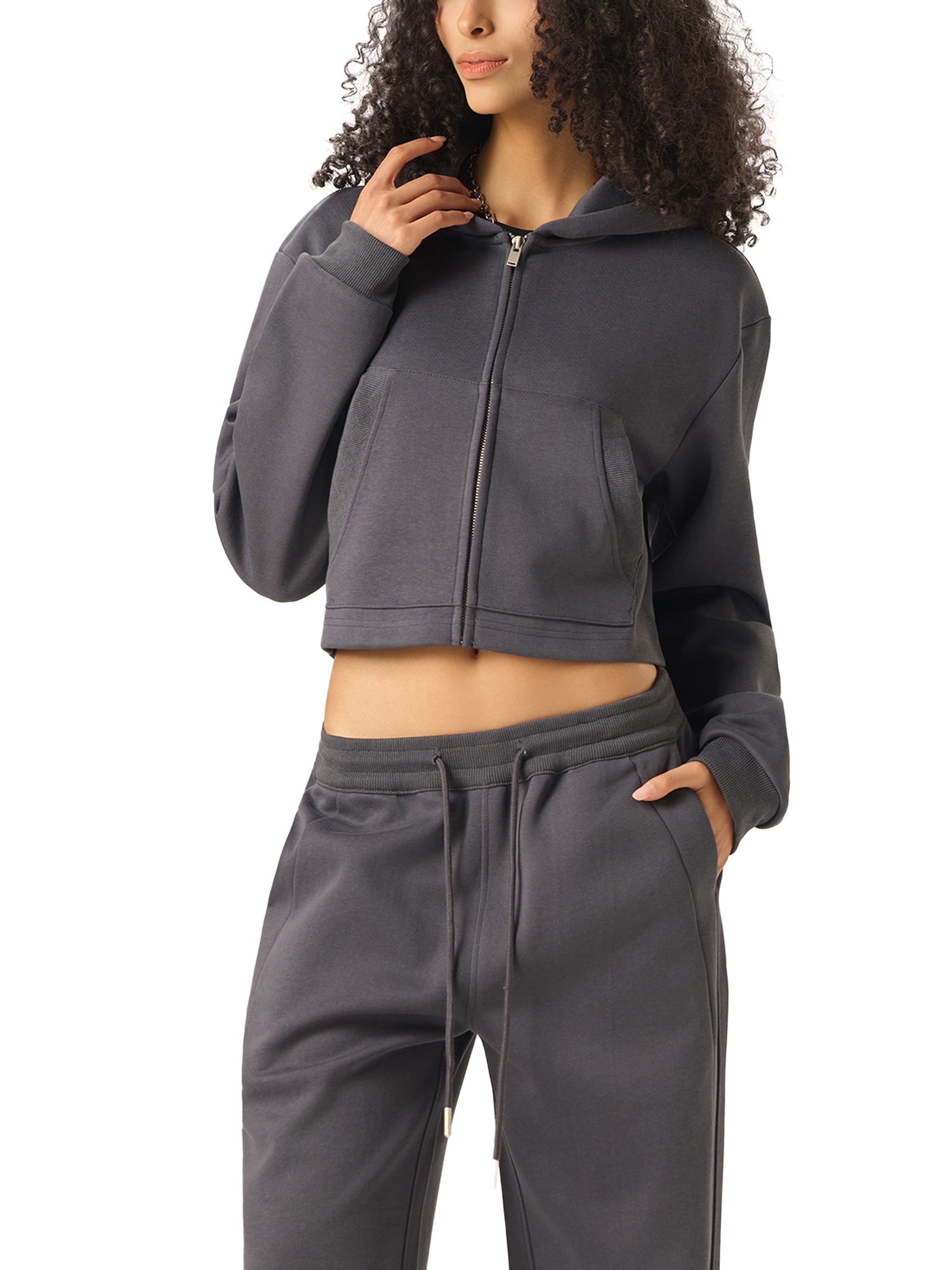 WOMAN ESSENTIAL CROPPED ZIP-UP HOODIE - BLACK
