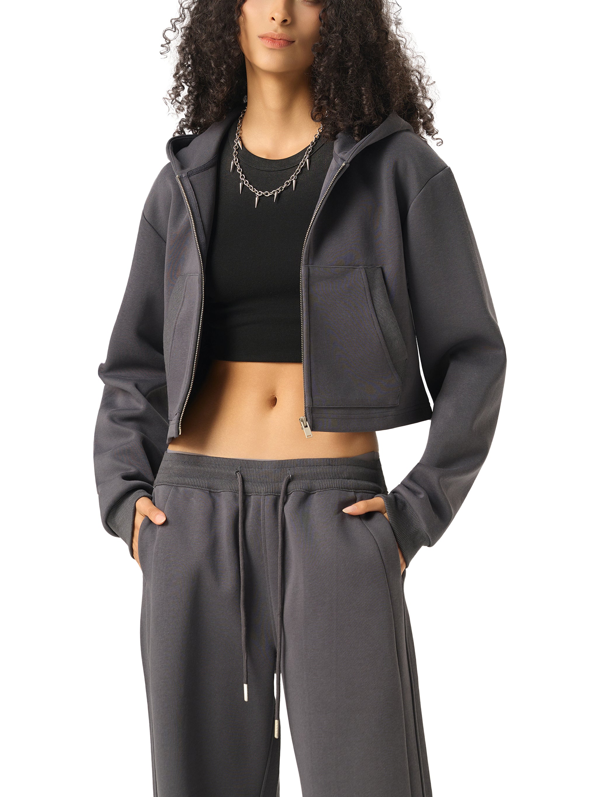 WOMAN ESSENTIAL CROPPED ZIP-UP HOODIE - FLOWER GRAY