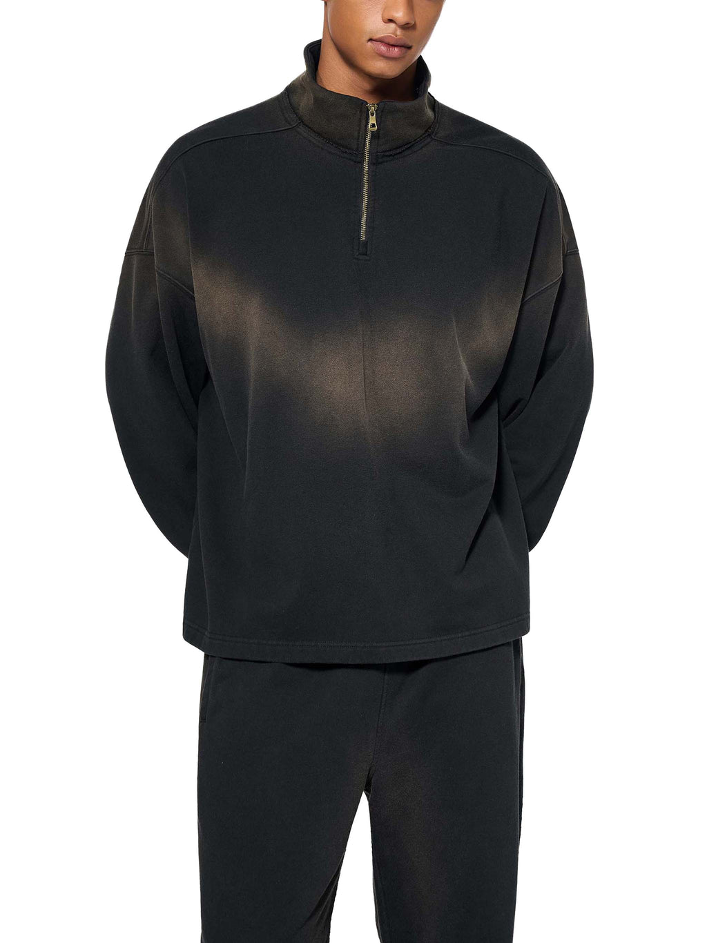 BASIC SUN FADE RAW EDGE QUARTER-ZIP SWEATSHIRT BLACK